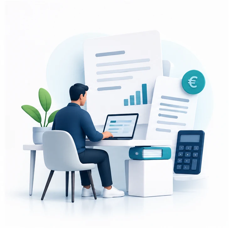 Illustratie van een ondernemer die financiële informatie ordent
